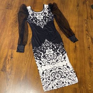 🎀 Elegant Black and White Sheer Flounce Puffed Sleeves Dress 🎀 80s Retro Style